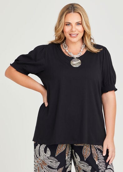 Plus Size Cotton Shirred Puff Sleeve Top