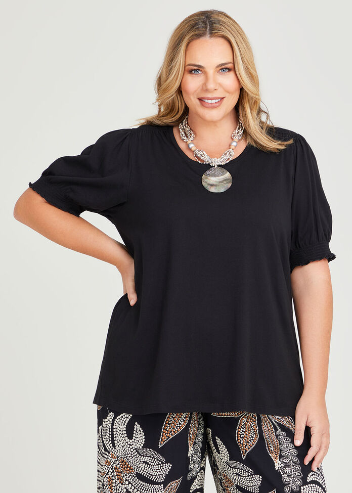 Cotton Shirred Puff Sleeve Top, , hi-res