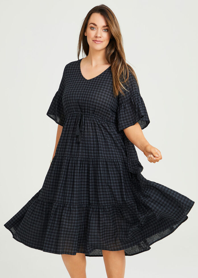 Shop Cotton Gingham Tiered Dress in Black, Sizes 12-30 | Taking Shape AU
