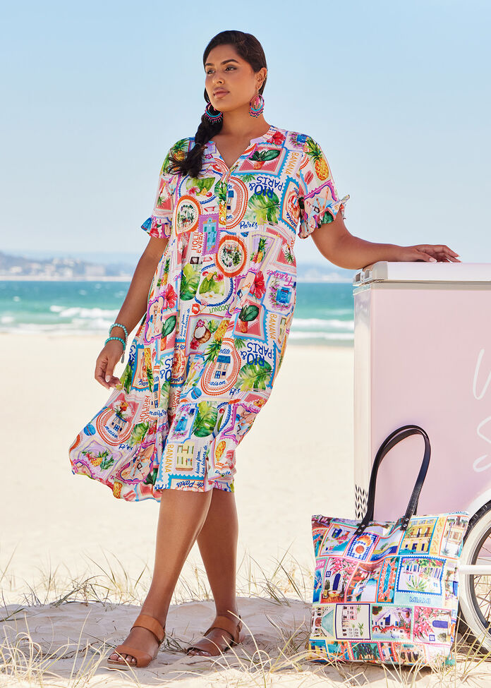 Shop Plus Size Natural Postcard Print Dress in Multi Taking Shape AU