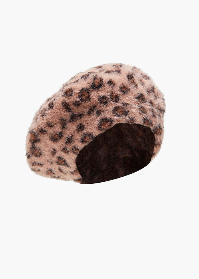 Leopard Fuzzy Beret, , hi-res
