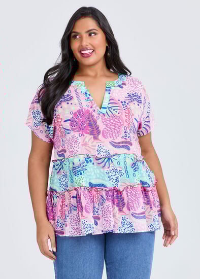 Plus Size Cotton Print Mix Tiered Top