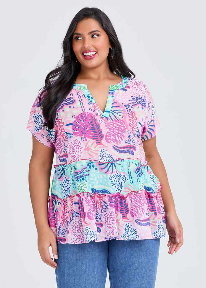 Cotton Print Mix Tiered Top, , hi-res