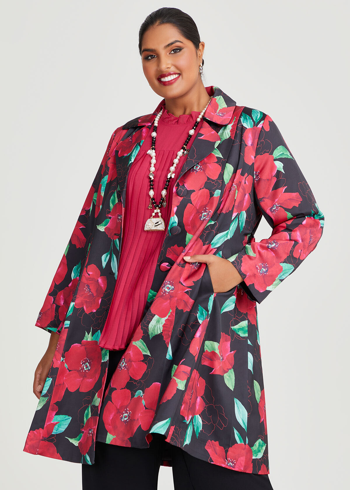 Shop Plus Size Poppy Satin Evening Coat in Red Taking Shape AU