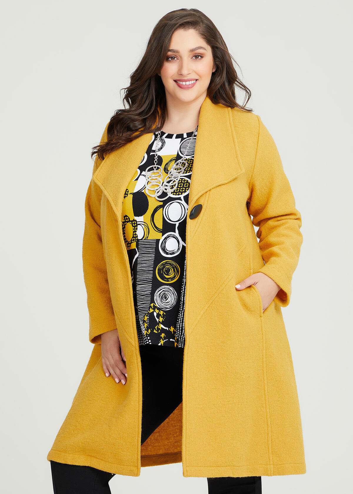 Shop Plus Size Panel Detail Boiled Wool Coat in Yellow Taking