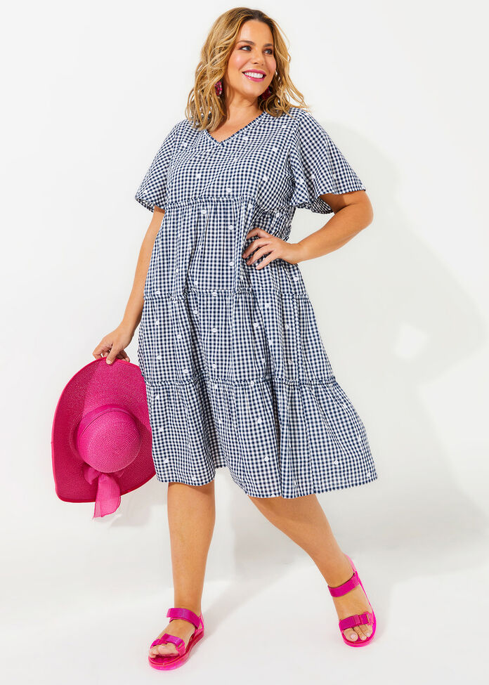 Cotton Gingham Embroidery Dress, , hi-res