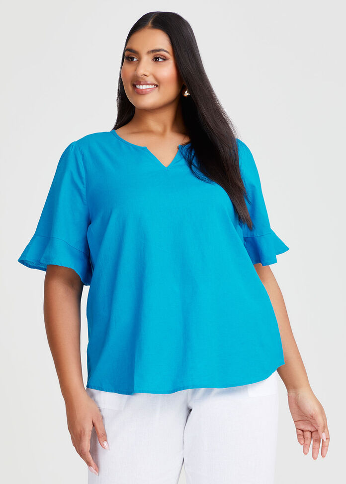 Cotton Linen Flutter Sleeve Top, , hi-res