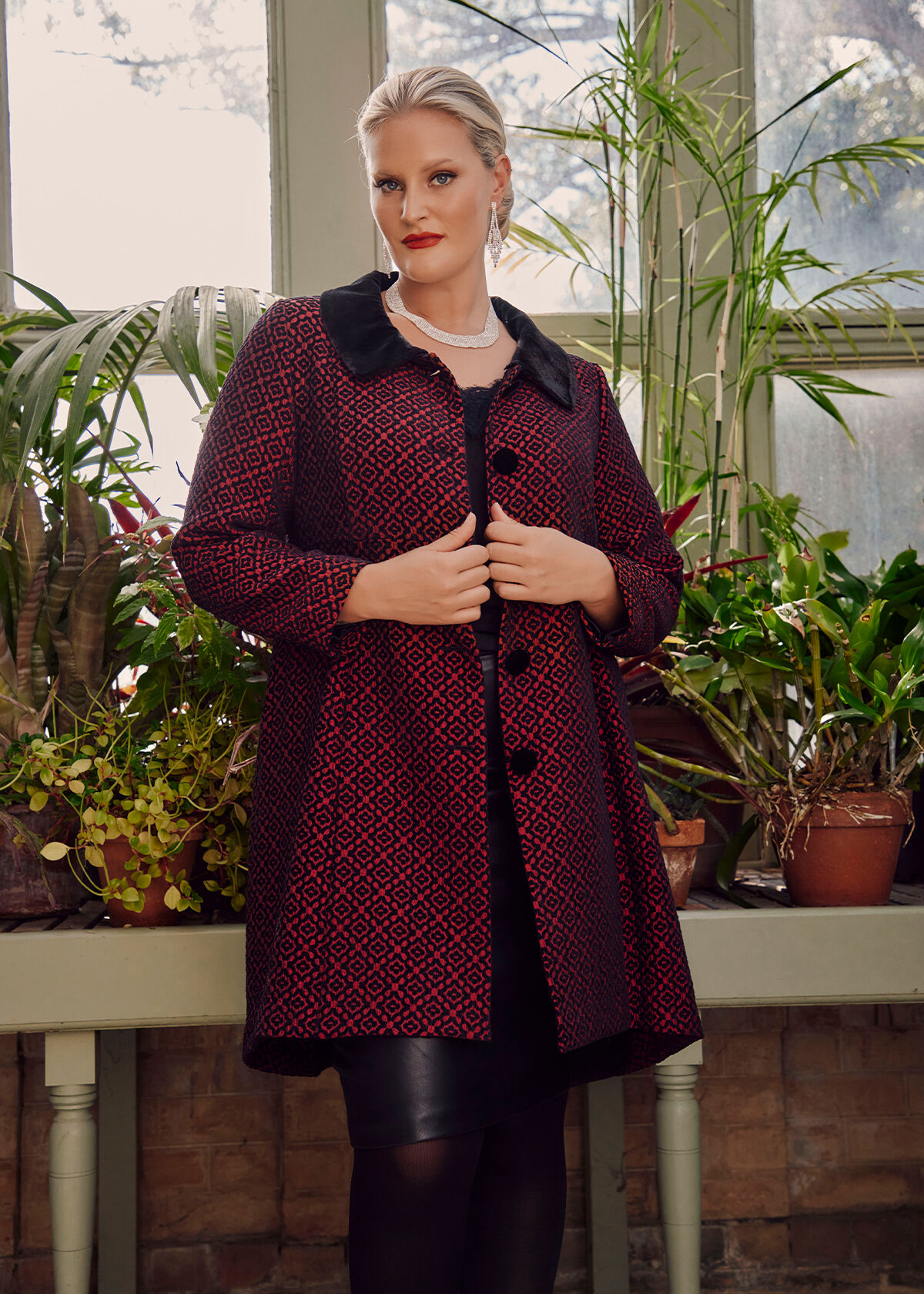 Shop Plus Size Ruby Jacquard Dress Coat in Red Sizes 12 30