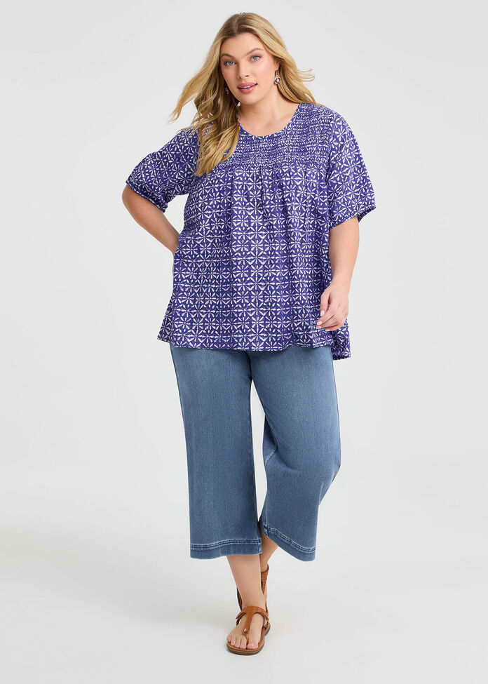 Cotton Shibori Shirred Yoke Top, , hi-res