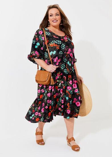 Plus Size Ditsy Bloom Tier Natural Dress