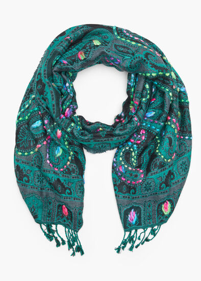Plus Size Green Paisley Embroidered Scarf