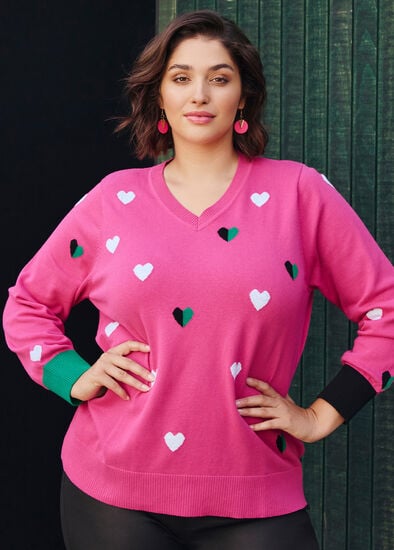Plus Size Cotton V-neck Hearts Jumper