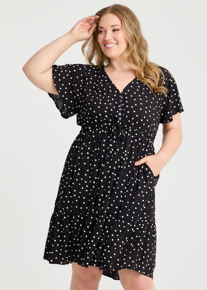 Natural V Neck Spot Dress, , hi-res