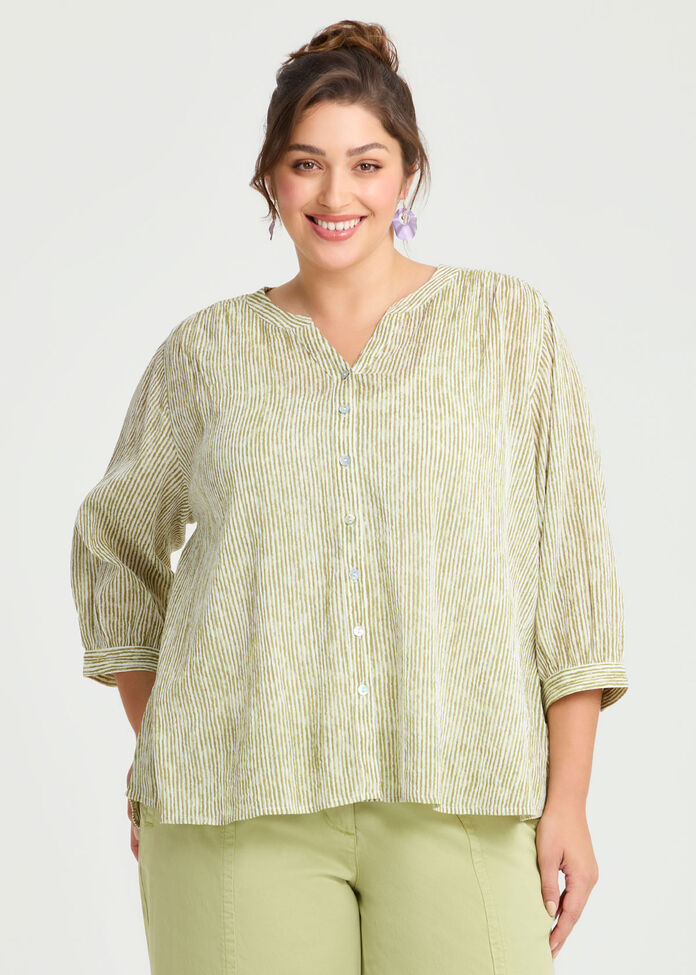 Cotton Stripe Button Top, , hi-res
