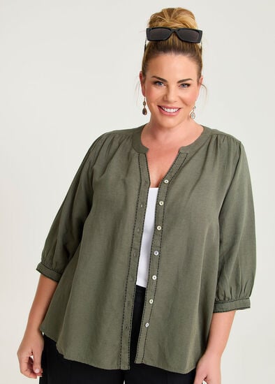 Plus Size Linen Blend Contrast Stitch Top