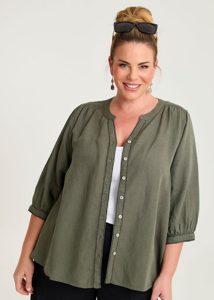 Linen Blend Contrast Stitch Top, , hi-res
