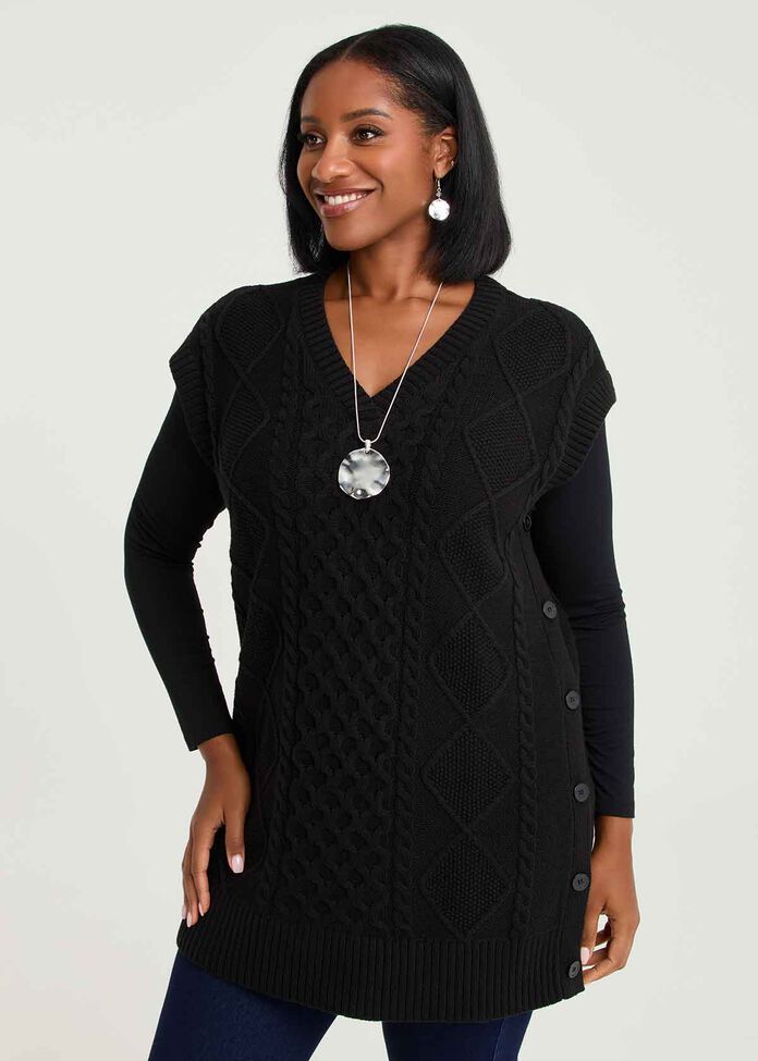 Cable Knit V-neck Button Tunic, , hi-res