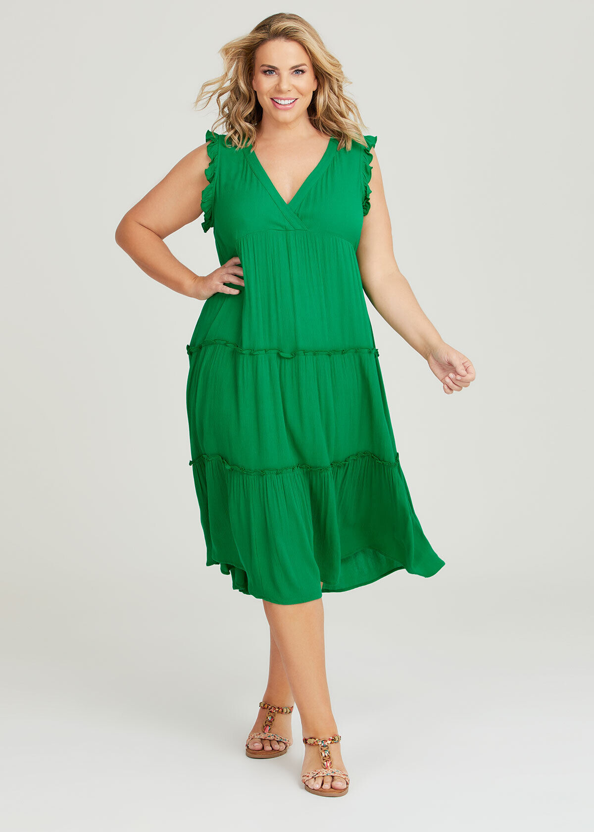 Shop Plus Size Natural Crinkle Tiered Dress in Green Taking Shape AU