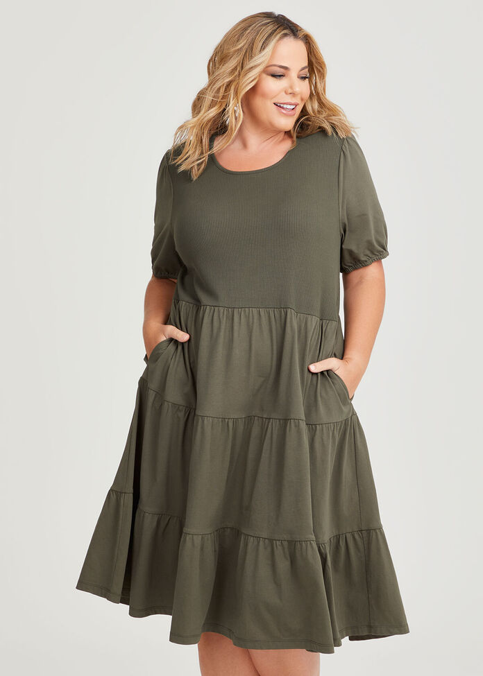 Shop Plus Size Cotton Puff Sleeve Tiered Dress in Green | Taking Shape AU