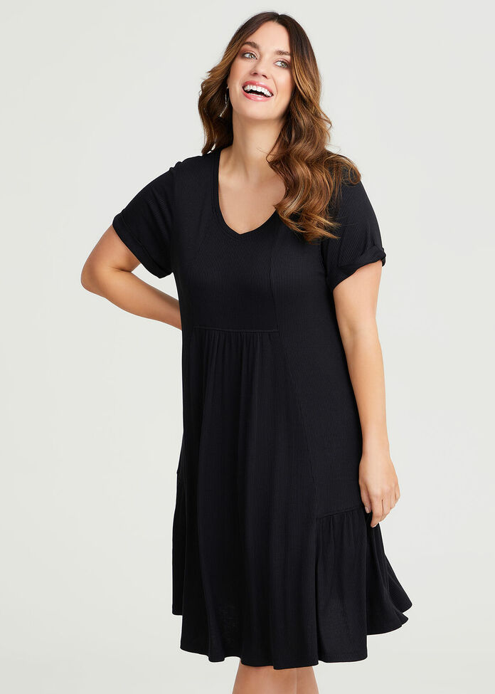 Mini Rib V-neck Spliced Dress, , hi-res