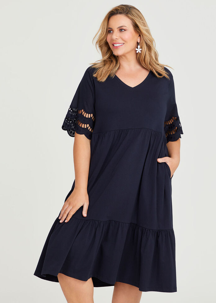 Shop Plus Size Cotton Scallop Sleeve Dress in Blue | Sizes 12-30 ...