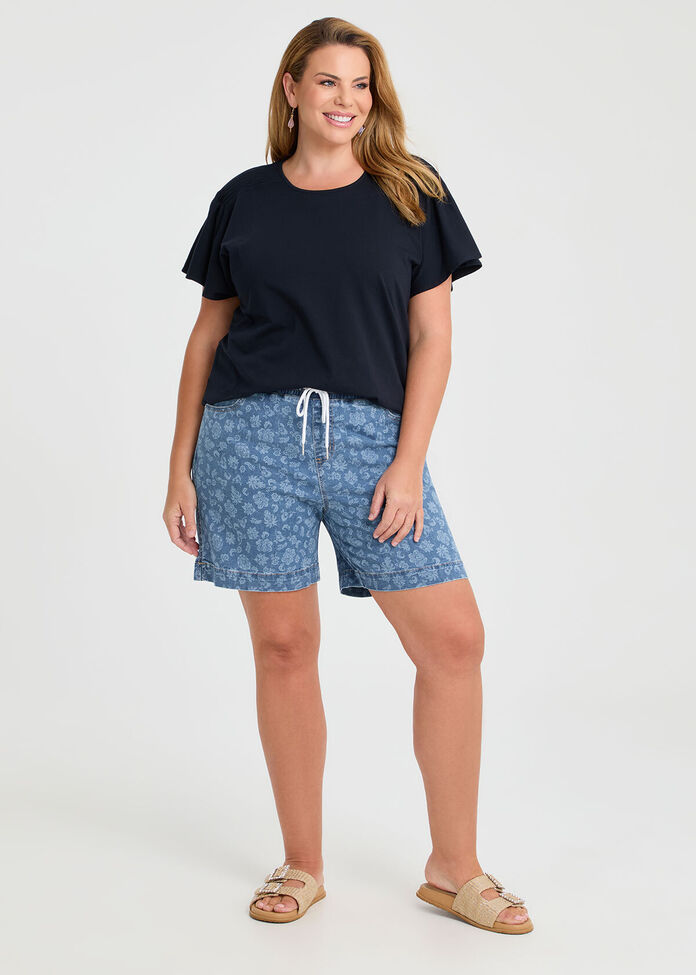 Cotton Blend Denim Floral Short, , hi-res