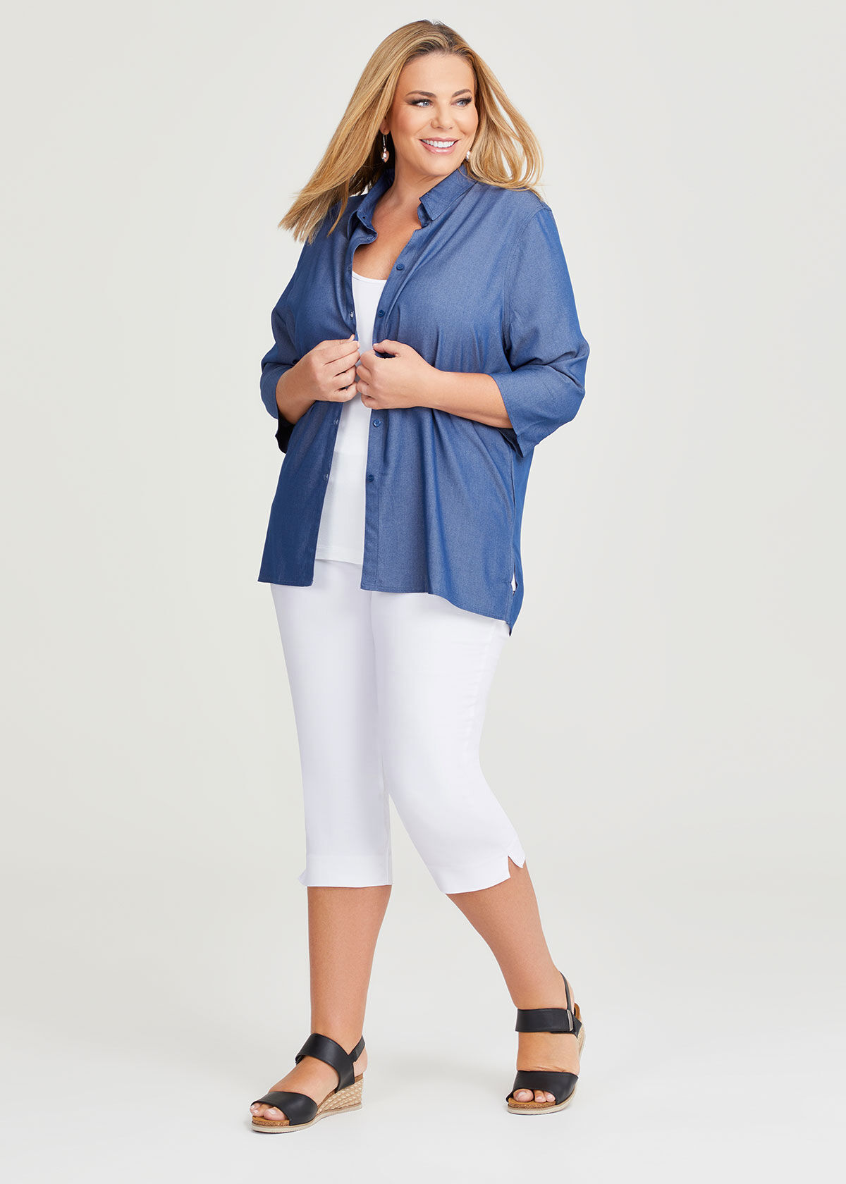 Plus size stretch denim shirt clearance