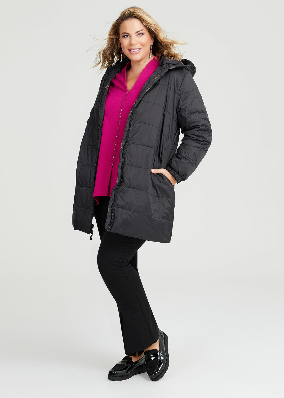Shop Plus Size Stella Embroidery Reversible Puffer in Black Taking Shape AU