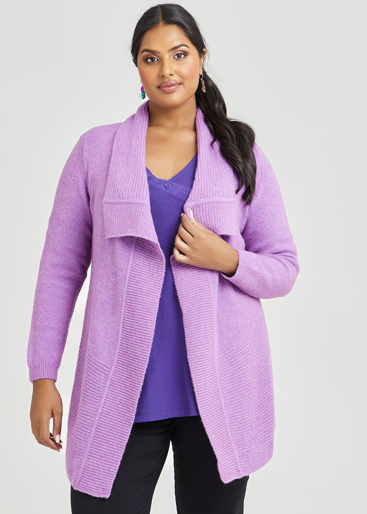 Shop Plus Size Rib Knit Shawl Collar Cardigan in Purple Sizes 12