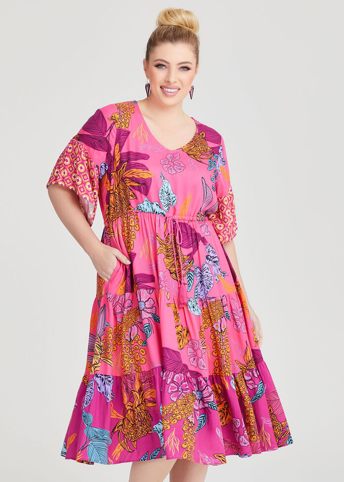 Natural Floral Geo Mix Dress, , hi-res
