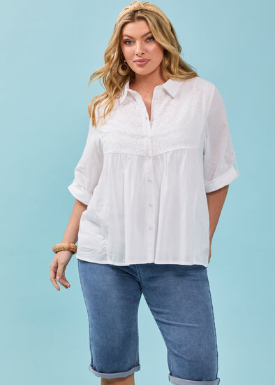 Plus Size Cotton Broderie Spliced Shirt