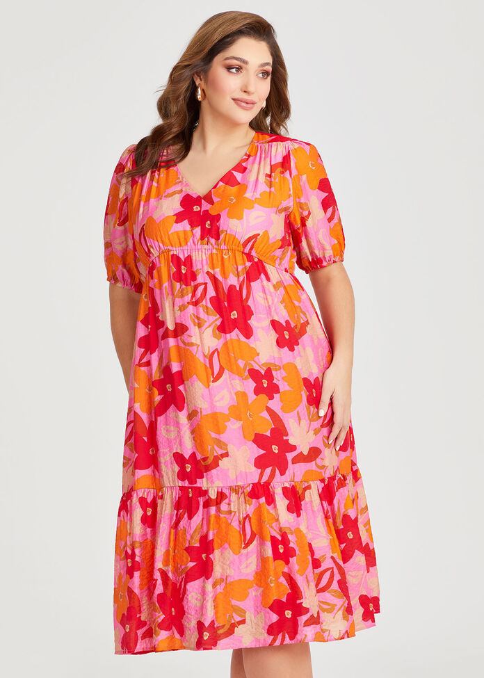 Natural Floral Midi Dress, , hi-res
