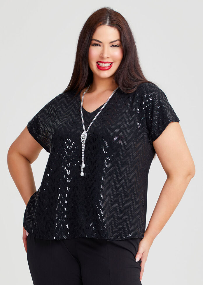 Shop Plus Size Make An Entrance Sequin Top, Black Taking Shape NZ