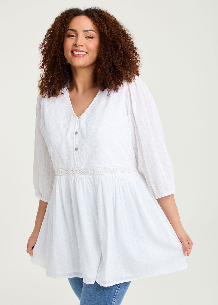 Cotton Dobby Lace Trim Tunic, , hi-res