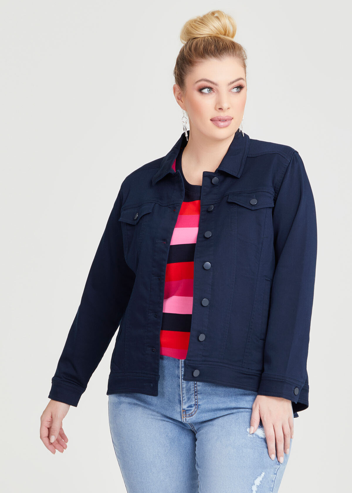 Shop Plus Size Coloured Best Fit Denim Jacket in Blue Taking Shape AU
