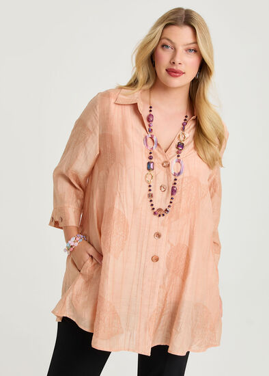 Plus Size Leaf Jacquard Natural Swing Shirt