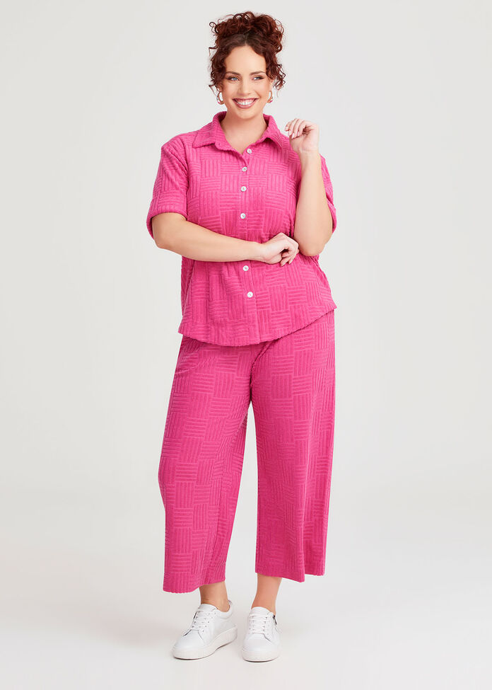 Casual Terry Button Up Shirt, RASPBERRY ROSE, hi-res