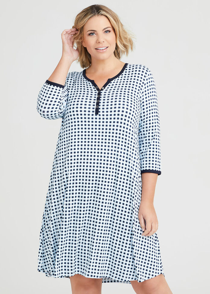 Bamboo Gingham Henley Nightie, , hi-res
