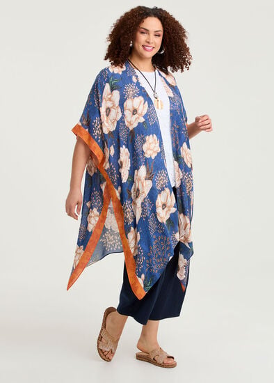 Plus Size Floral Border Trim Cape Kimono
