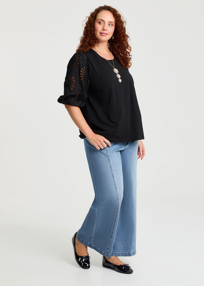 Cotton Broderie Sleeve Top, , hi-res