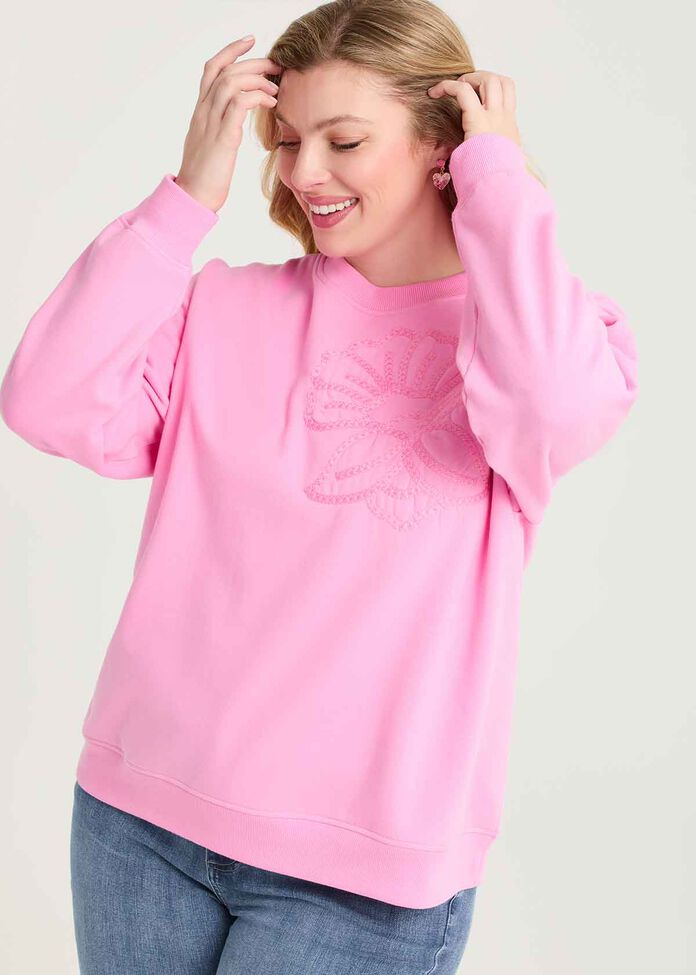 Cotton Flower Applique Sweatshirt, , hi-res