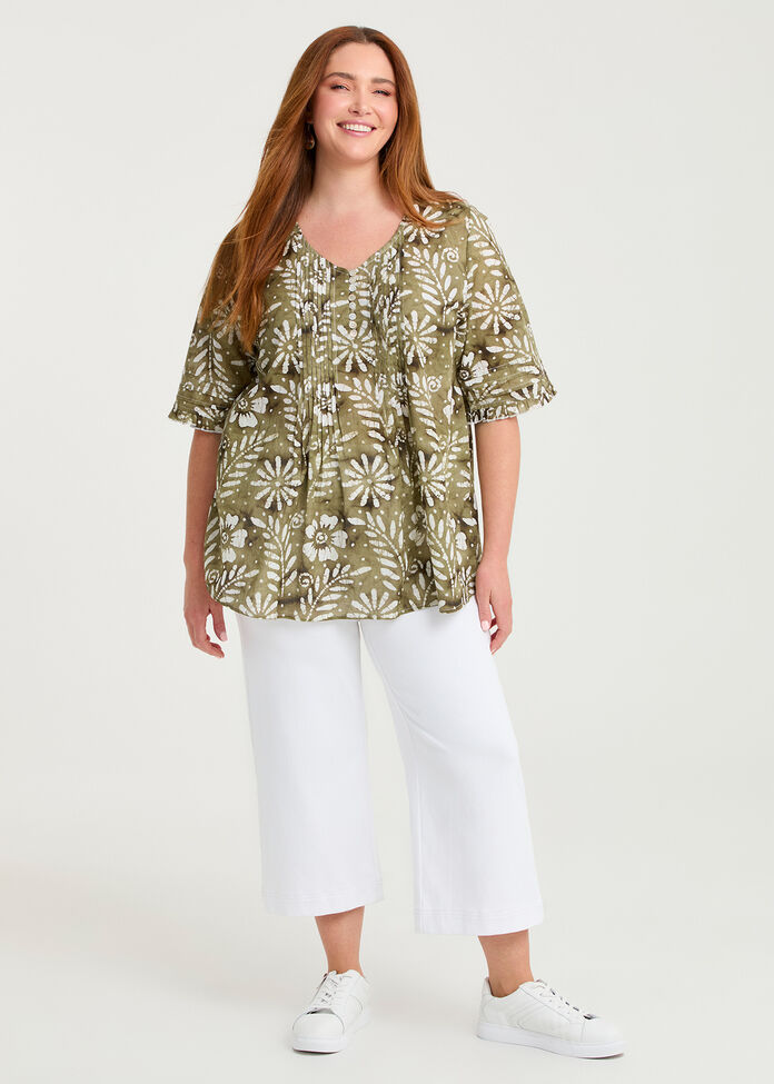Cotton Elbow Sleeve Pintuck Top, , hi-res