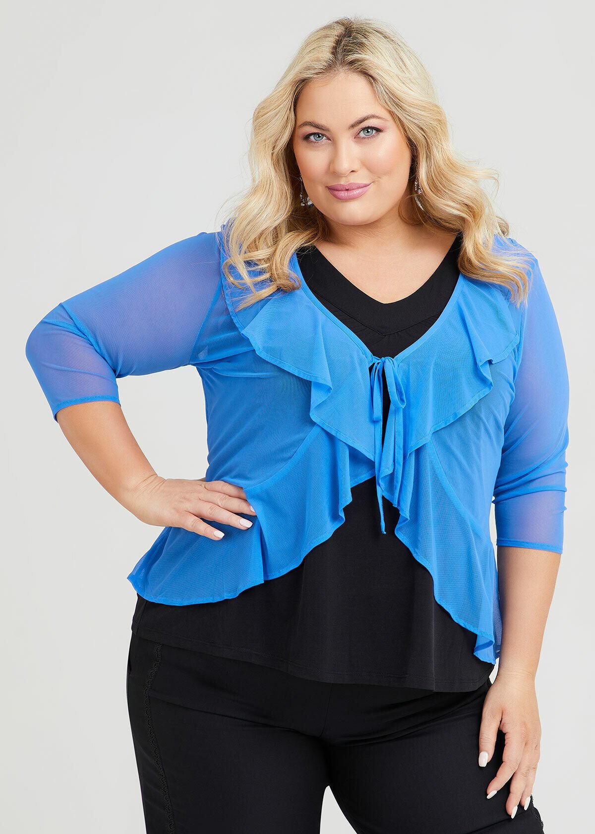 Shop Plus Size Mesh Ruffle Cardigan in Blue Taking Shape AU