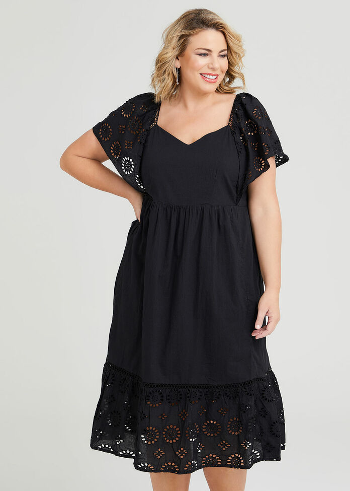 Shop Plus Size Natural Broderie Tiered Dress in Black | Sizes 12-30 ...