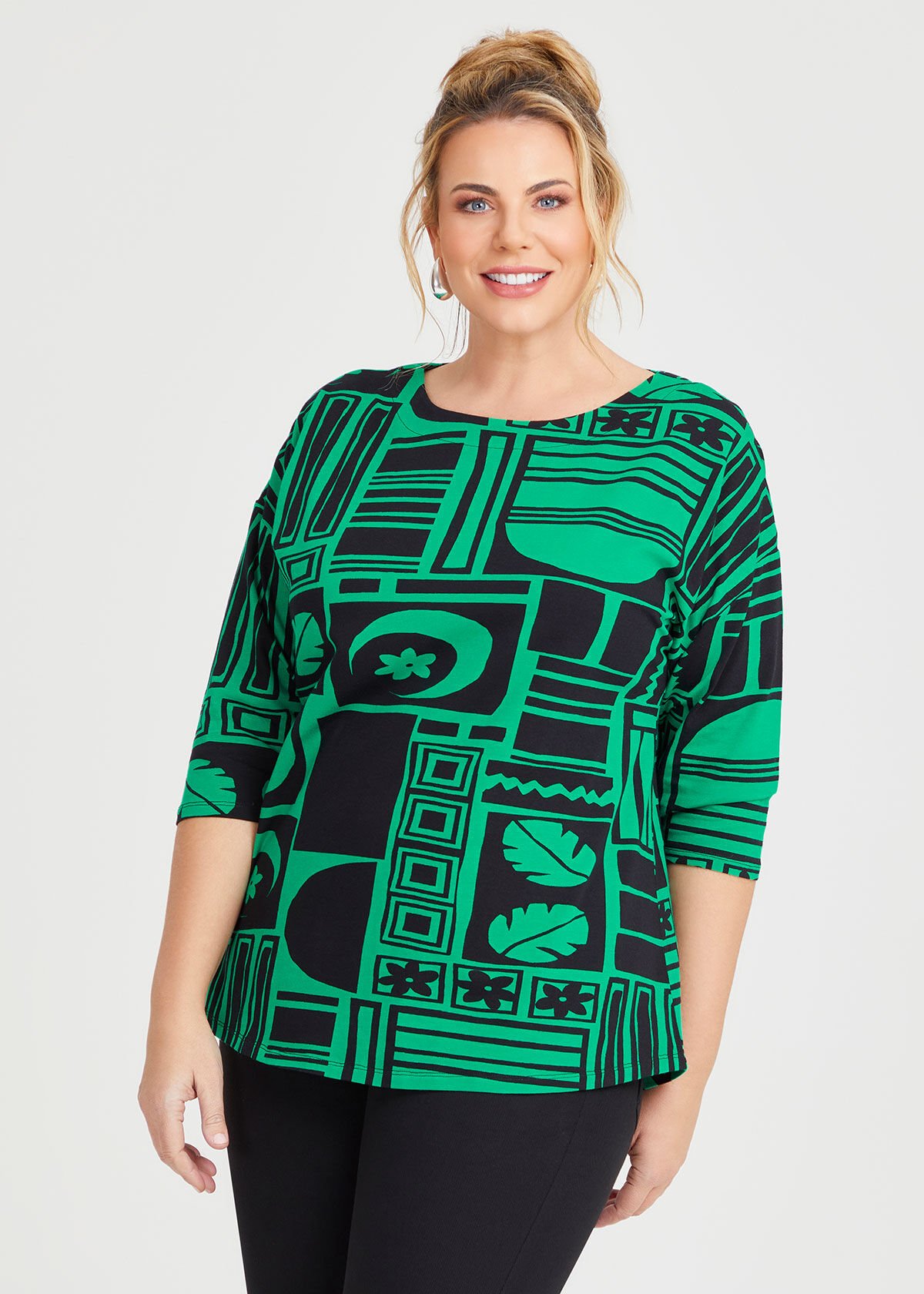 Shop Plus Size Cotton Abstract Print Top in Green Taking Shape AU