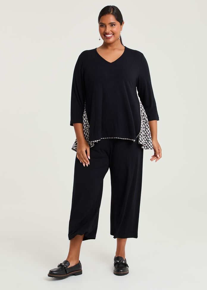 Peplum Gingham Spliced Bamboo Top, , hi-res
