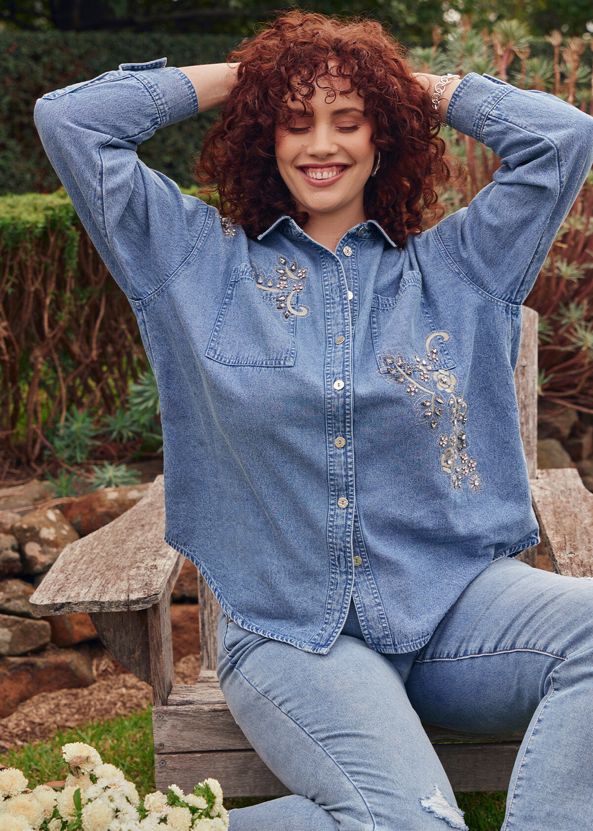 Shop Plus Size Chambray Embellished Shirt in Blue Taking Shape AU