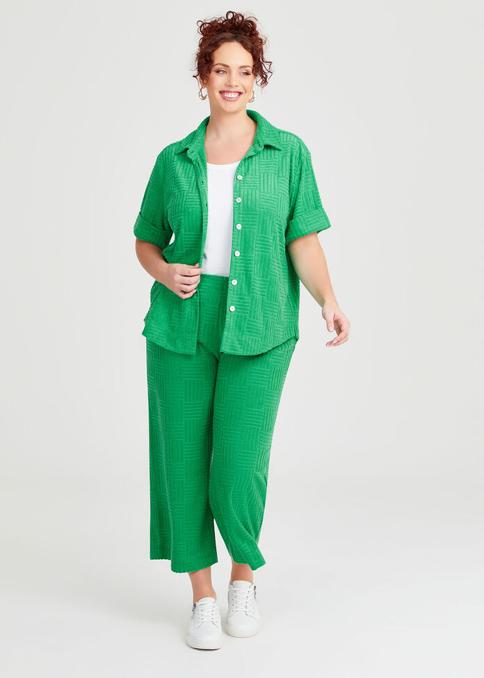 Casual Terry Button Up Shirt, GREEN, hi-res