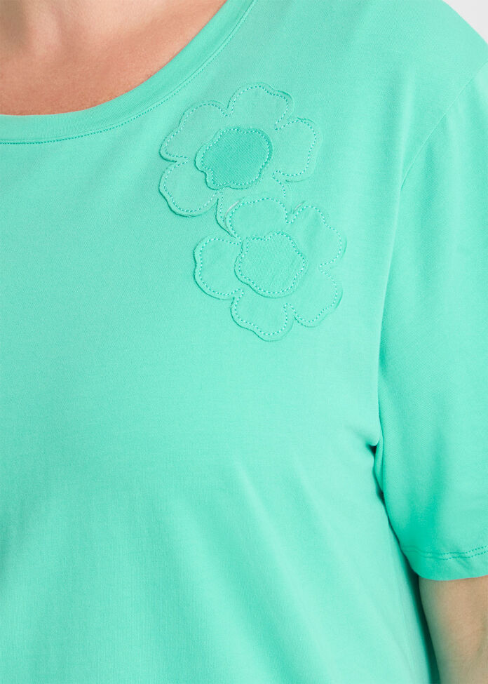 Cotton Flower Applique Sweat Top, GLACIER JADE, hi-res