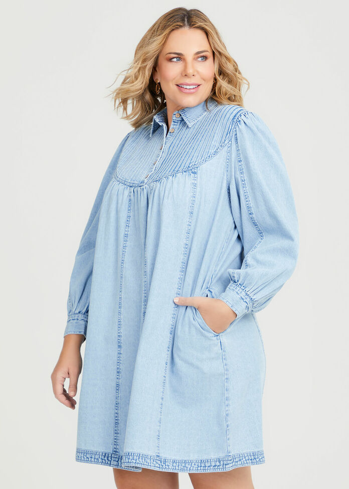 Shop Plus Size Cotton Chambray Pintuck Dress in Blue | Sizes 12-30 ...